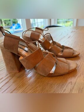 Zara Basics Suede Block Heel Lace-Up Sandals in Tan